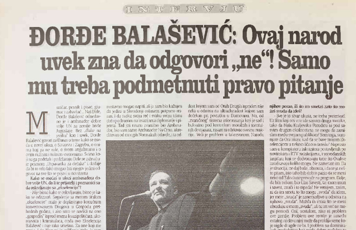 "Ovaj narod uvek zna da odgovori NE! Samo mu treba podmetnuti pravo pitanje": Intervju Đorđa Balaševića za Danas iz 1998. godine 2