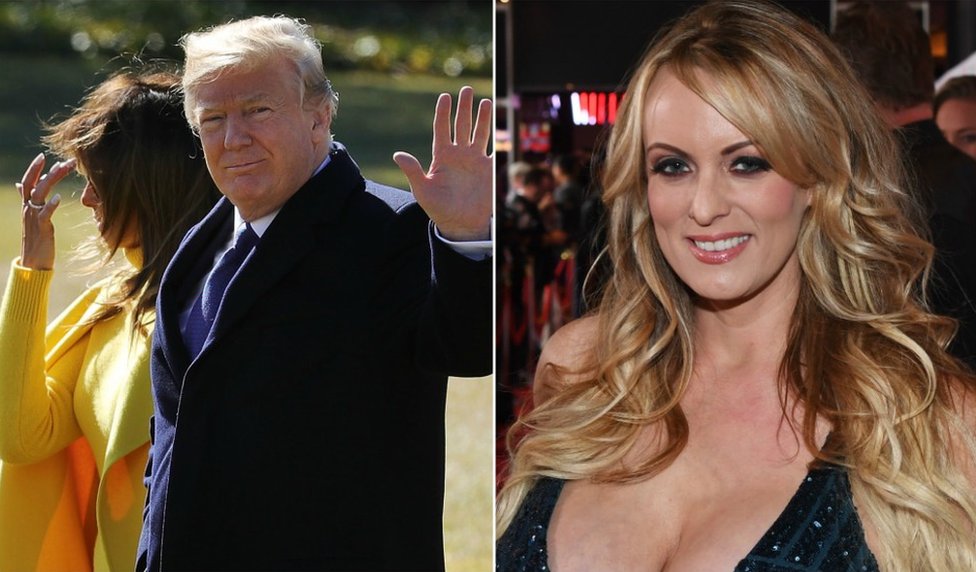 Amerika i politika: Zašto je priča o Stormi Danijels i Donaldu Trampu važna? 1 Collage photograph of Mr Trump and his wife, Melania and adult film star Stormy Daniels