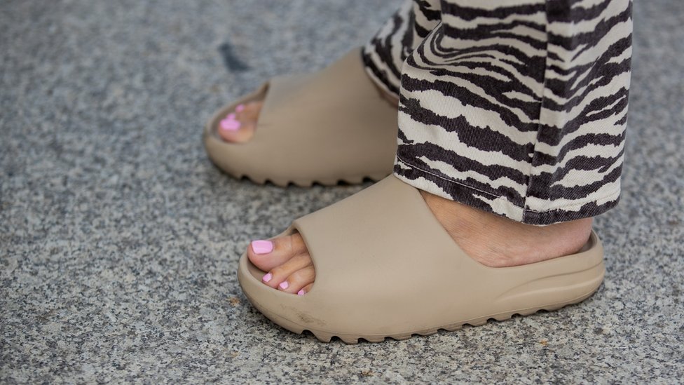 Sonia Lyson is seen wearing Adidas yeezy slippers on July 21, 2021 in Berlin, German