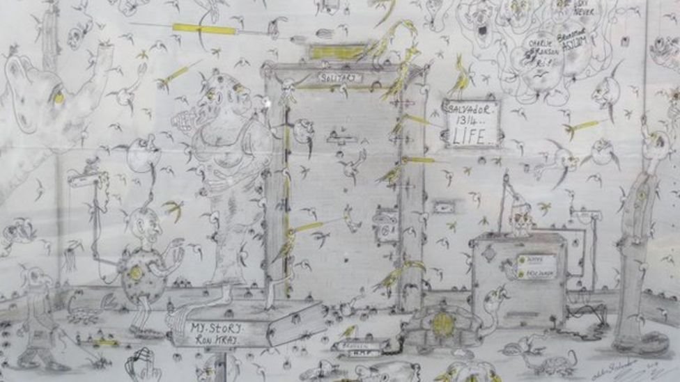 Velika Britanija i kriminal: Priča ozloglašeni zatvoreniku Čarlsu Bronsonu 12 Karandašnый risunok, raspisanna stena kamerы