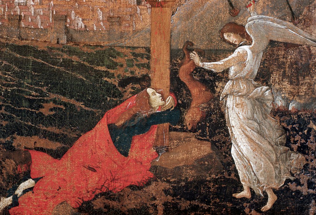 Detalle que muestra a María Magdalena y un ángel matando a un demonio de "Crucifixión mística" de Sandro Botticelli (~1500).