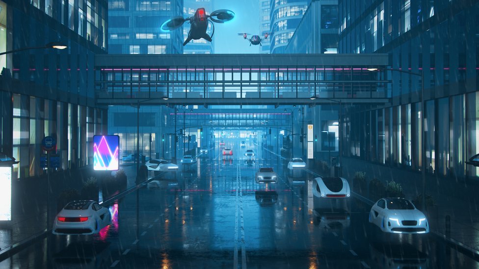 futuristička scena sa letećim austomobilima
