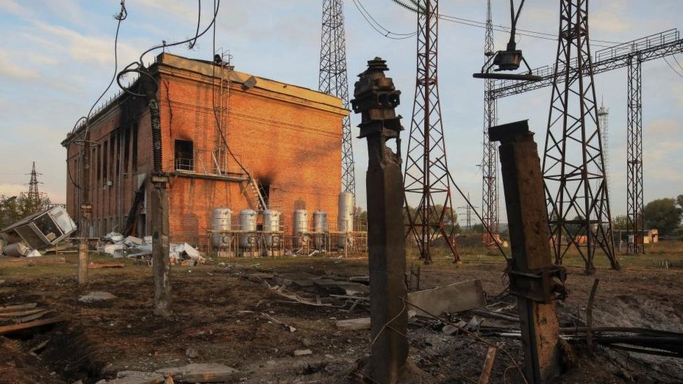 A power substation heavily damaged by a Russian missile strike in Kharkiv
