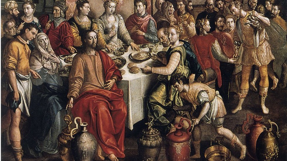 'La boda en Cana', donde Jesús tornó agua en vino. Obra de Martin de Vos, 1596-1597.