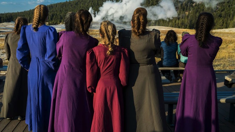 Members of the Fundamentalist Church of Jesus Christ of Latter-Day Saints, a controversial hard-line US Christian sect, visit Yellowstone Park