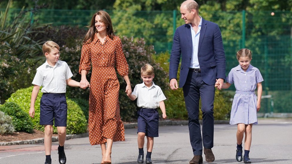 Prince George, the Princess of Wales, Prince Louis, the Prince of Wales and Princess Charlotte walking hand-in-hand on the children's first day at Lambrook School