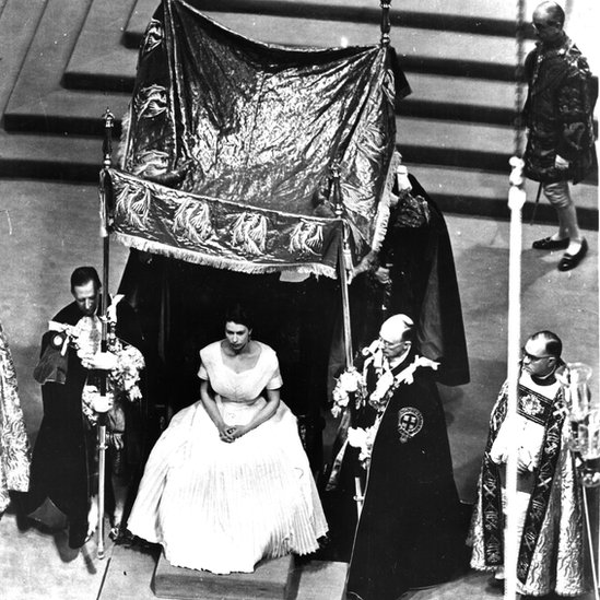 Canopy placed over the Queen before she is anointed at her coronation