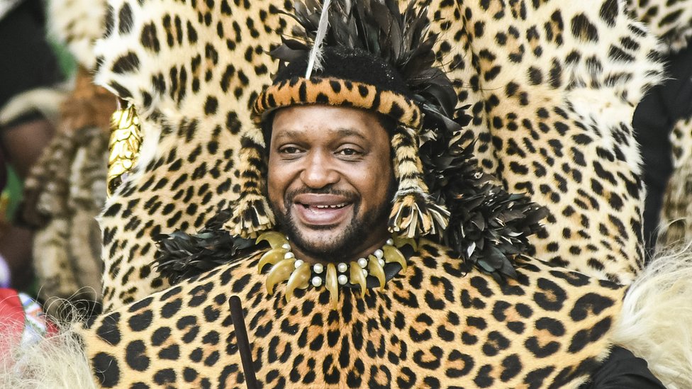 King Misuzulu ka Zwelithini wearing leopard print and feathers