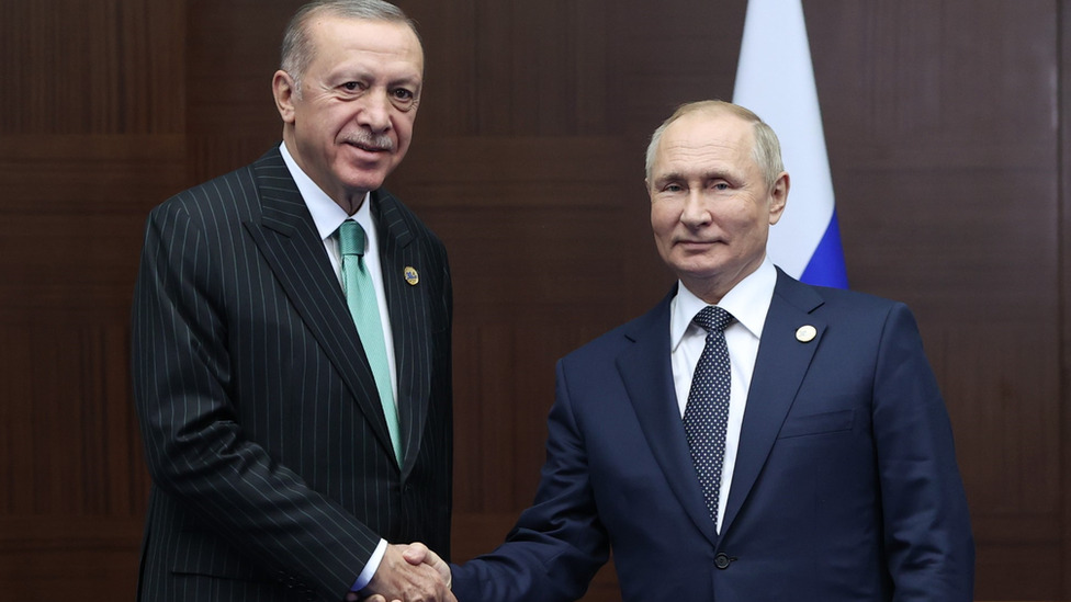 Turkey's President Erdogan shakes hands with Russia's President Putin