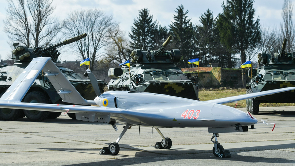 A Turkish-made Bayraktar military drone in Ukraine