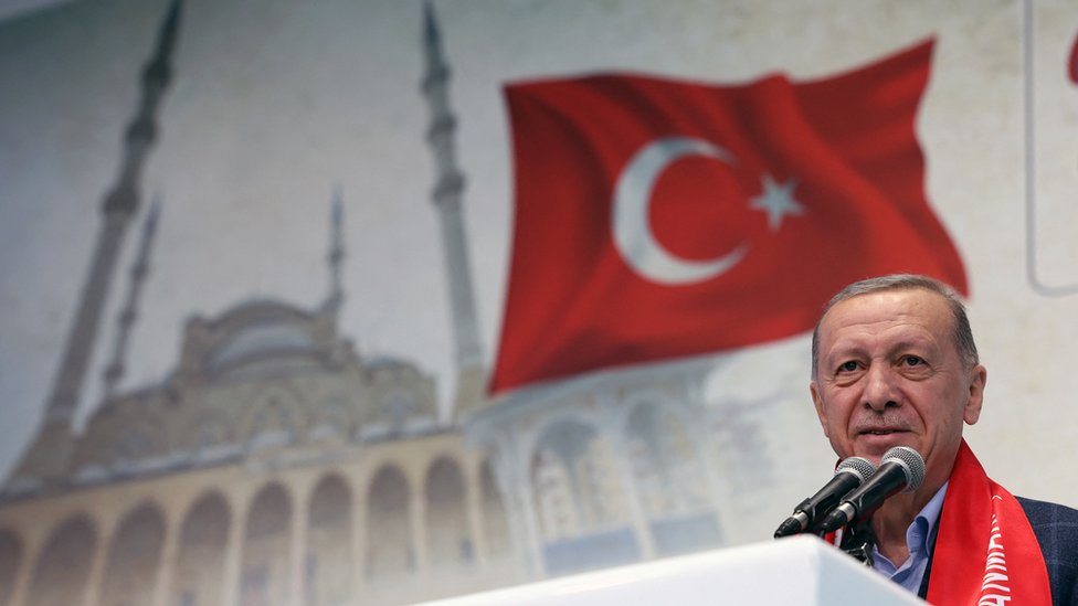 Turkish President Tayyip Erdogan addresses his supporters, ahead of the May 28 runoff vote, in Kahramanmaras, Turkey May 20, 2023.