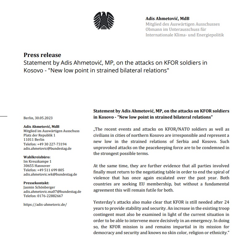 Poslanik Bundestaga Adis Ahmetović o neredima na Kosovu: Napad na vojnike Kfora neodgovoran, razmotriti povećanje kontigenta 2 Poslanik Bundestaga Adis Ahmetović o neredima na Kosovu: Napad na vojnike Kfora neodgovoran, razmotriti povećanje kontigenta 2