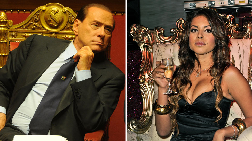 Silvio Berluskoni: Ekstravagantni italijanski političar koji se iznova vraćao u igru 5 A composite image shows Silvio Berlusconi, left, leaning casually in the golden chair of parliament in 2010, while on the right is pictured Karima El-Mahroug, seated in a rather more ornate golden chair at a nightclub photoshoot, wearing a black dress and raising a glass of champagne