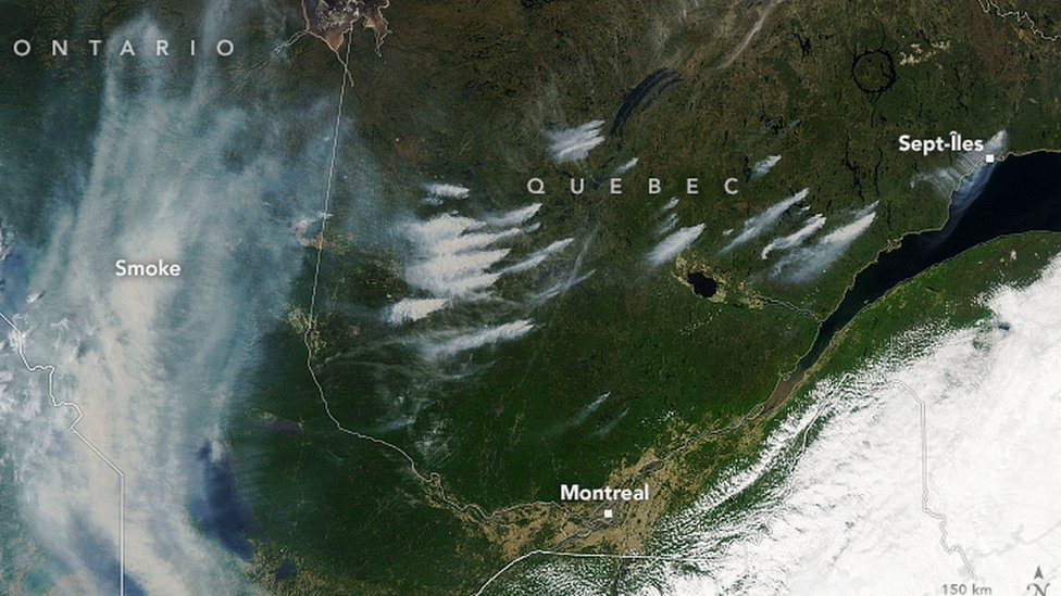 Severna Amerika: Besne šumski požari u Kanadi, milioni ljudi u Severnoj Americi ugroženi zbog dima 5 The Moderate Resolution Imaging Spectroradiometer (MODIS) on NASA’s Aqua satellite captured an aerial view of smoke billowing from the fires in Quebec on June 3.