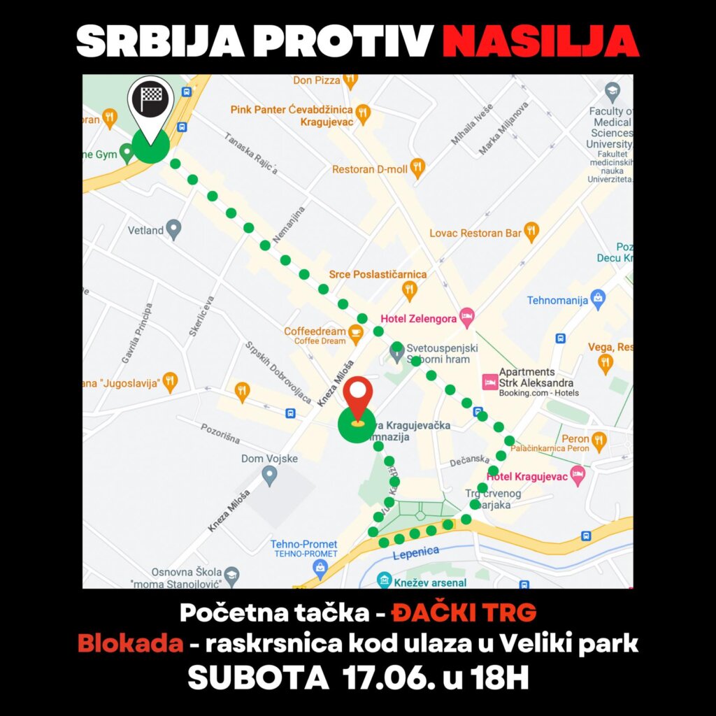 Protest „Srbija protiv nasilja” u subotu u Kragujevcu 2