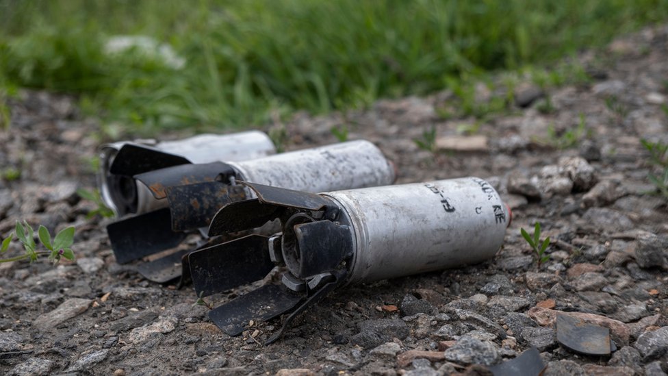 Cluster bomb submunition in Slatino village in Kharkiv region, Ukraine, 11 May 2022.