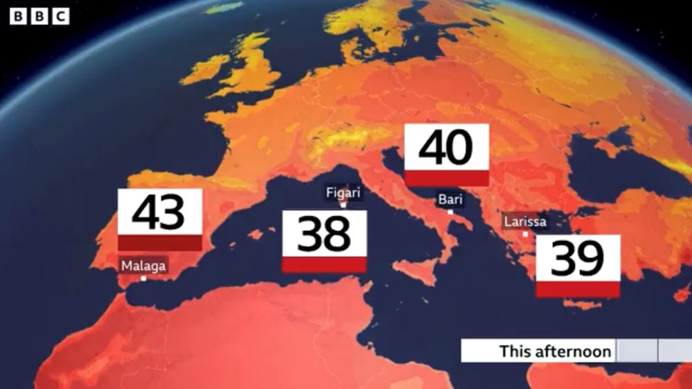 A graphic showing extreme heat in locations across Europe