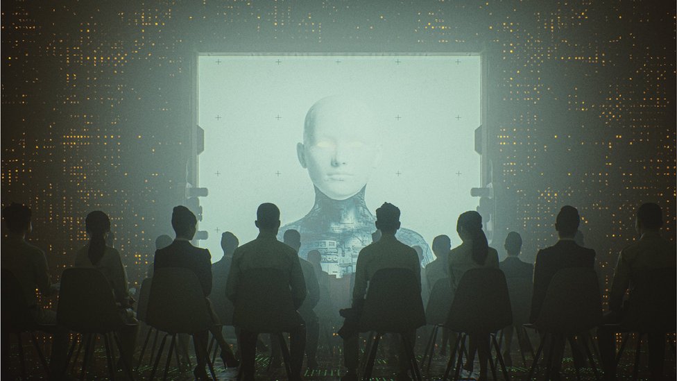 Artistic image show followers gathering in front of a screen with an AI-generated figure