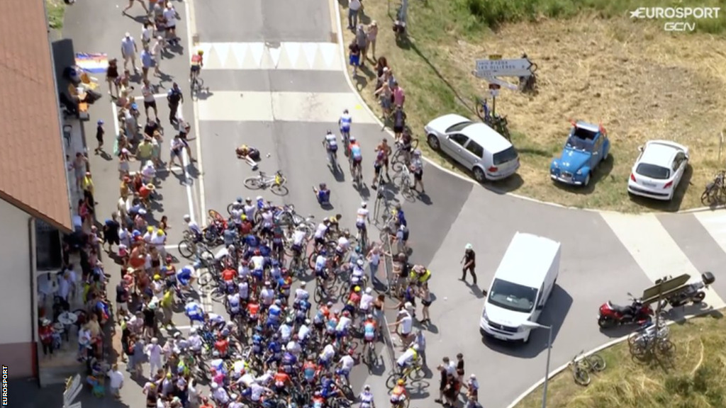An overhead view of the Tour de France crash