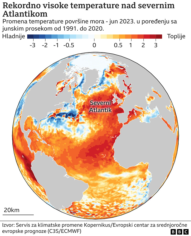 Mapa sveta koja pokazuje da su temperature mora u junu 2023. bile toplije od junskog proseka 1991-2020.