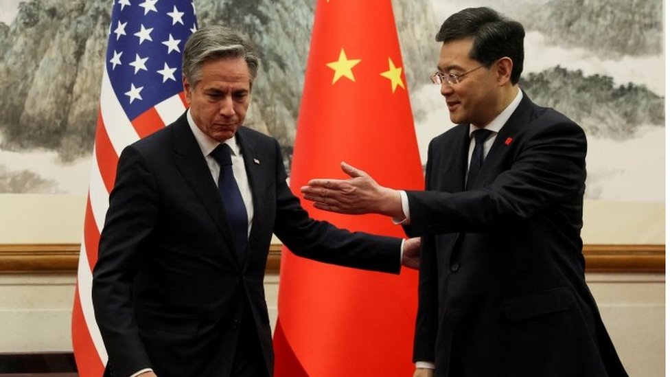 U.S. Secretary of State Antony Blinken meets with China"s Foreign Minister Qin Gang at the Diaoyutai State Guesthouse in Beijing, China, June 18, 2023.