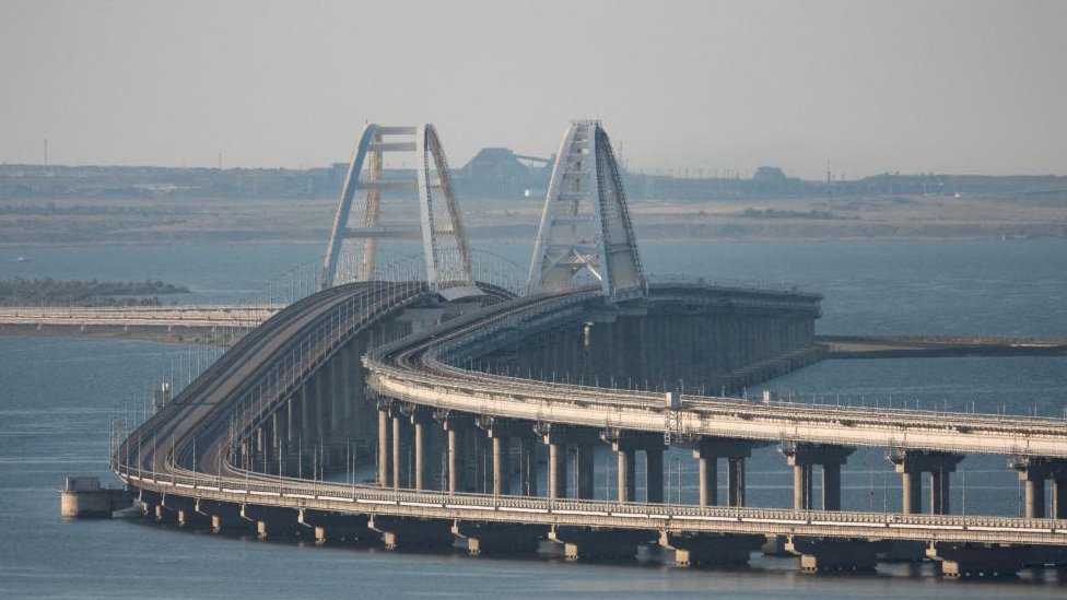 A view shows the Crimean bridge connecting the Russian mainland with the peninsula across the Kerch Strait, Crimea, July 17, 2023