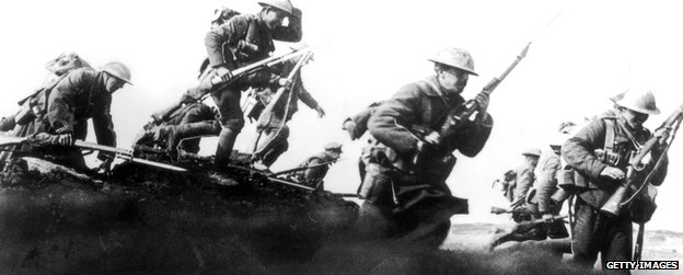 Canadian soldiers charging over the top