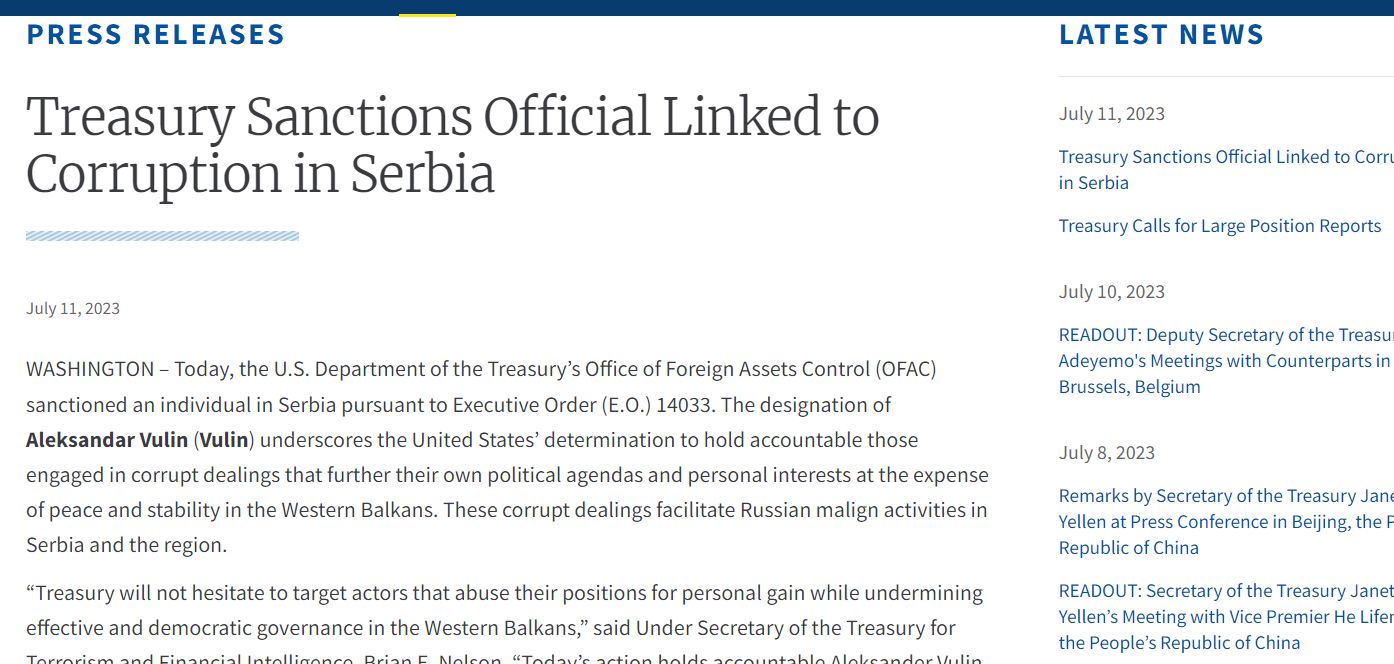 Aleksandar Vulin stavljen na listu američkih sankcija - šta piše u odluci 2 Aleksandar Vulin stavljen na listu američkih sankcija - šta piše u odluci 2