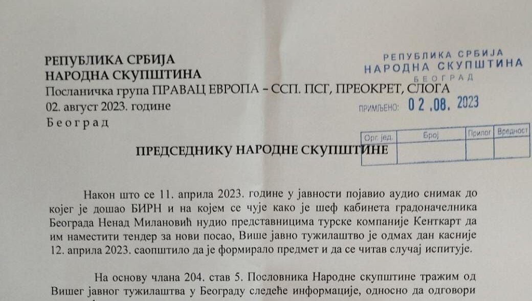 Marinika Tepić u poslaničkom pitanju traži odgovore Tužilaštva o Kentkartu 2