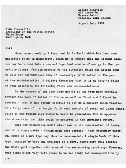 Pismo koje je napisao Silard a potpisao Ajnštajn poslato je predsedniku Ruzveltu u avgustu 1939. godine