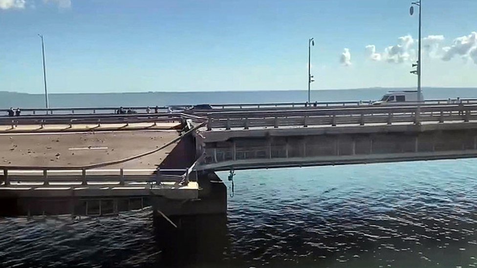 This video grab taken from a rimea24TV footage on July 17, 2023 shows the damaged bridge