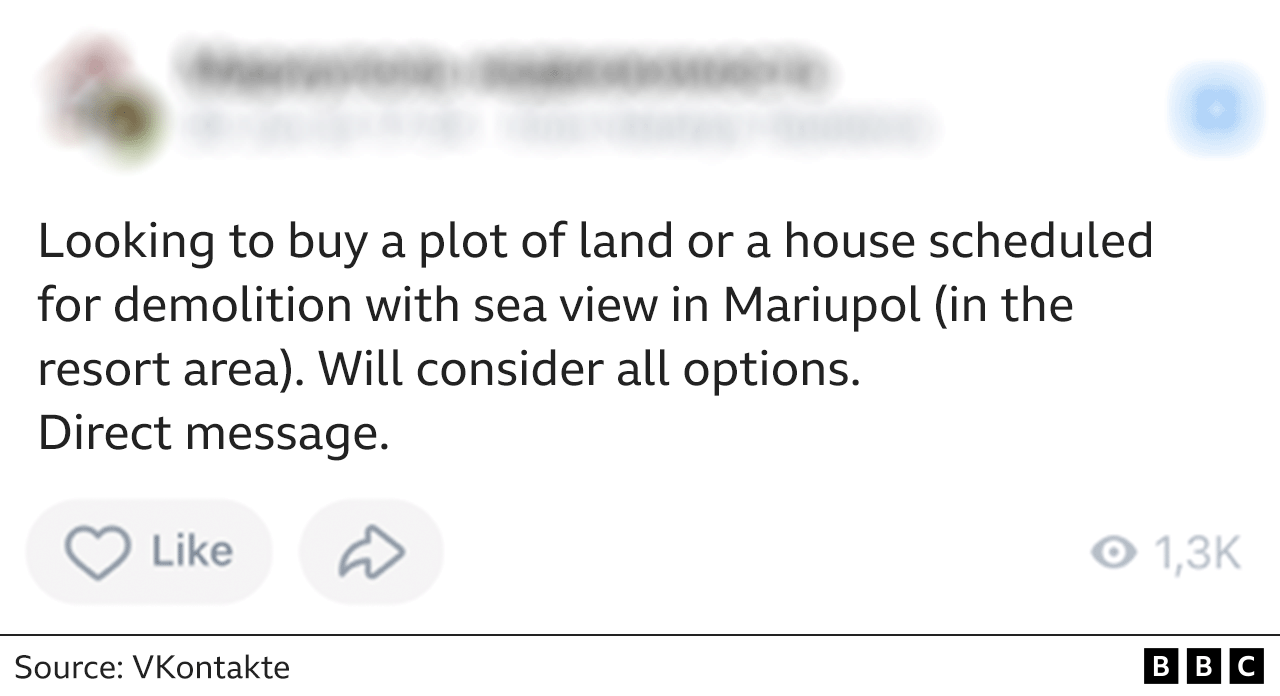 Rusija i Ukrajina: Rusi u lovu na jeftine stanove u ukrajinskom Marijupolju koji je pod kontrolom Moskve 2 Graphic shows an advert on the Russian social network VK looking to buy property in the occupied Ukrainian city of Mariupol.