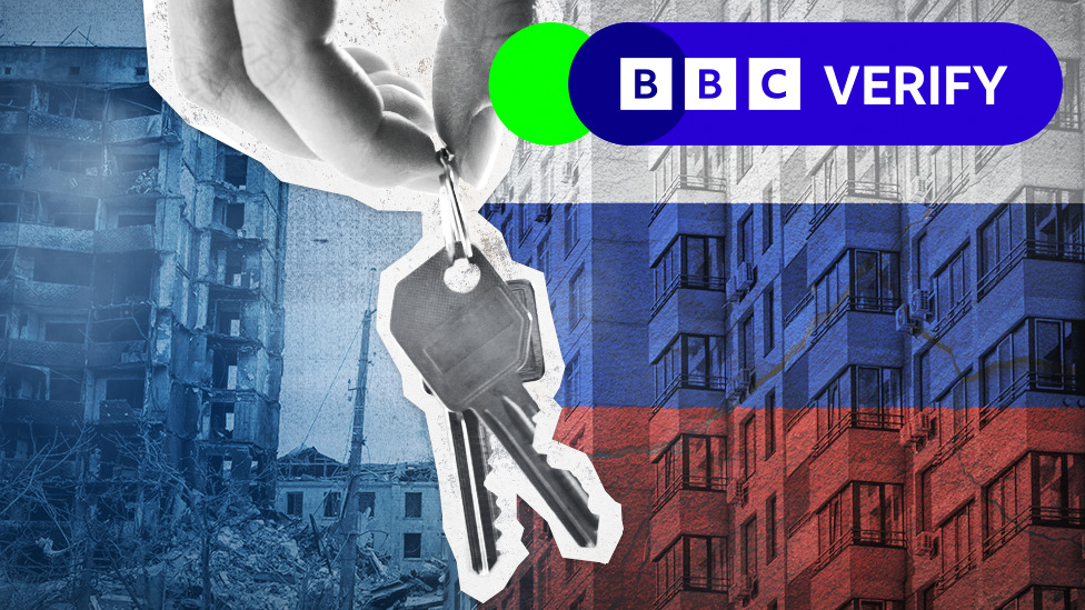 Rusija i Ukrajina: Rusi u lovu na jeftine stanove u ukrajinskom Marijupolju koji je pod kontrolom Moskve 1 Graphic showing ruined and newly built buildings in Ukraine