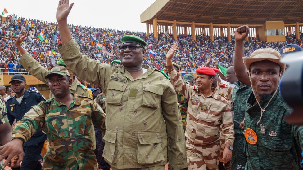 Mohamed Toumba, one of the leading figures of the National Council for the Protection of the Fatherland, attends the demonstration of coup supporters and greets them at a stadium in the capital city of Niger, Niamey on August 6, 2023