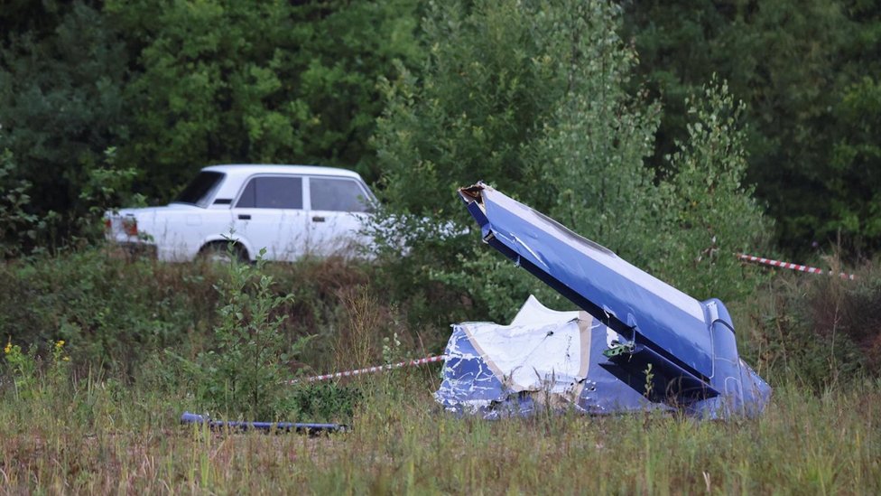 A wreckage of the private jet linked to Wagner mercenary chief Yevgeny Prigozhin is seen near the crash site in the Tver region