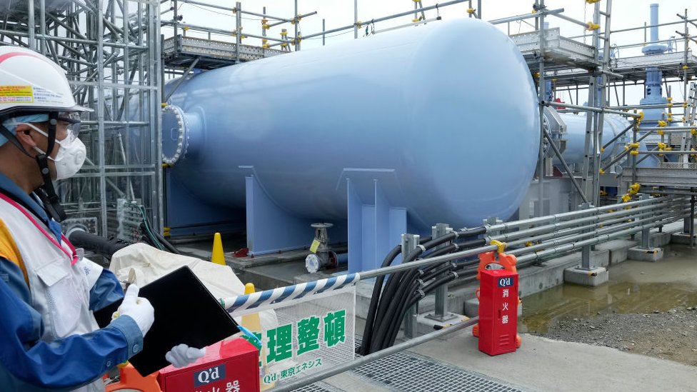 The facility for releasing the radioactive water treated by the Advanced Liquid Processing System (ALPS) into the sea is prepared at Tokyo Electric Power Company's (TEPCO) Fukushima Daiichi Nuclear Power Plant on 21 July 2023