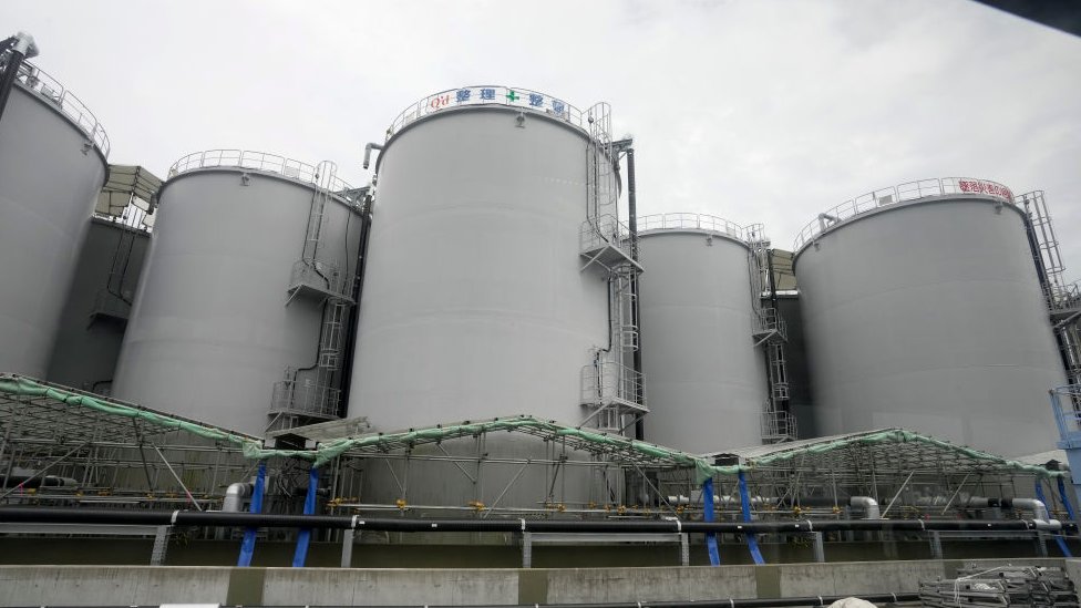 The storage tanks of radioactive water treated by the Advanced Liquid Processing System (ALPS) at Tokyo Electric Power Company's (TEPCO) Fukushima Daiichi Nuclear Power Plant, 21 July 2023 in Futaba, Fukushima Prefecture, northern Japan