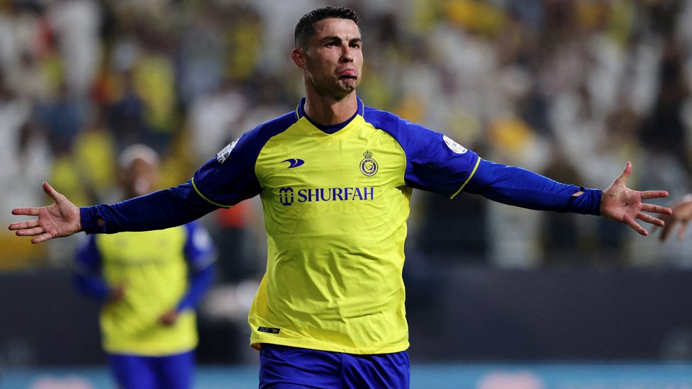 Ronaldo pulls a face to celebrate a goal by Al-Nassr
