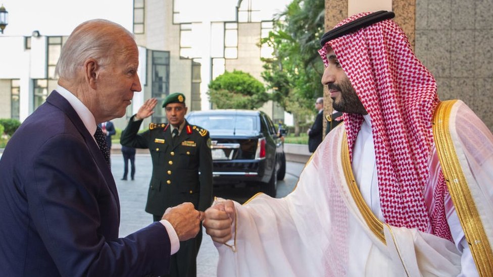 Saudi Crown Prince Mohammed bin Salman saluting US President Joe Biden during a meeting Jeddah in July 2022