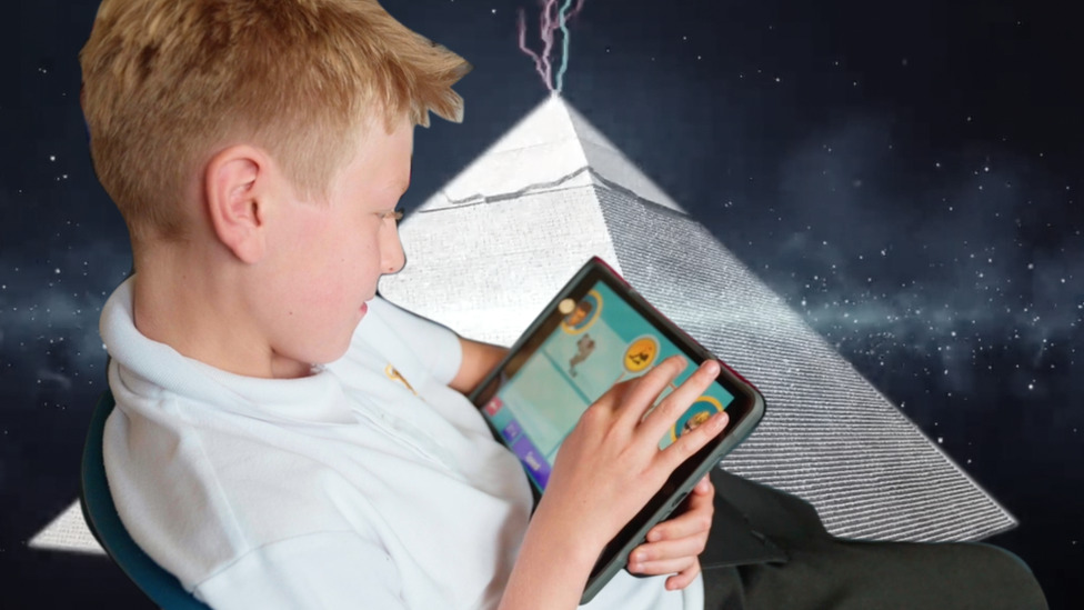 Montage of boy looking at iPad and image of pyramid from video with false content on YouTube