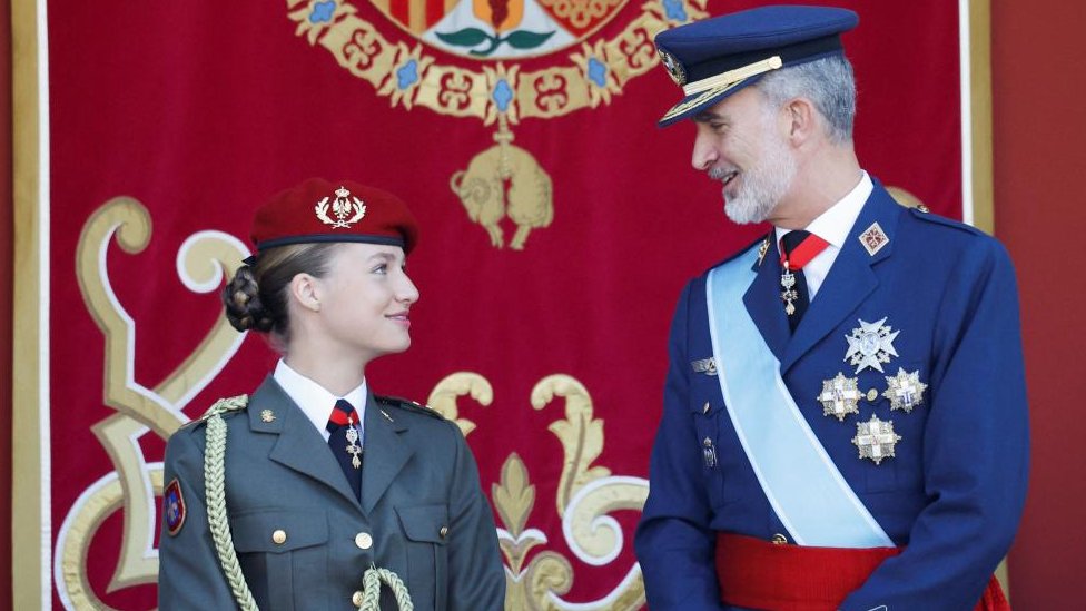 Spain's King Felipe VI and Princess Leonor attend a military parade to mark the country's National Day, in Madrid, Spain, October 12, 2023.