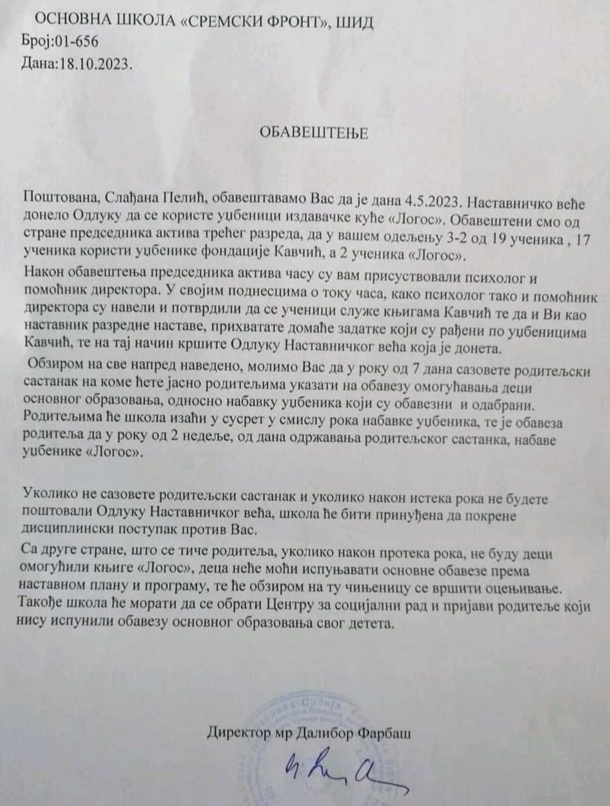 "Ponašanje direktora škole iz Šida apsurdno": Sagovornici Danasa o pretnjama roditeljima učenika koji koriste udžbenike Fondacije "Kavčić" 2 "Ponašanje direktora škole iz Šida apsurdno": Sagovornici Danasa o pretnjama roditeljima učenika koji koriste udžbenike Fondacije "Kavčić" 2