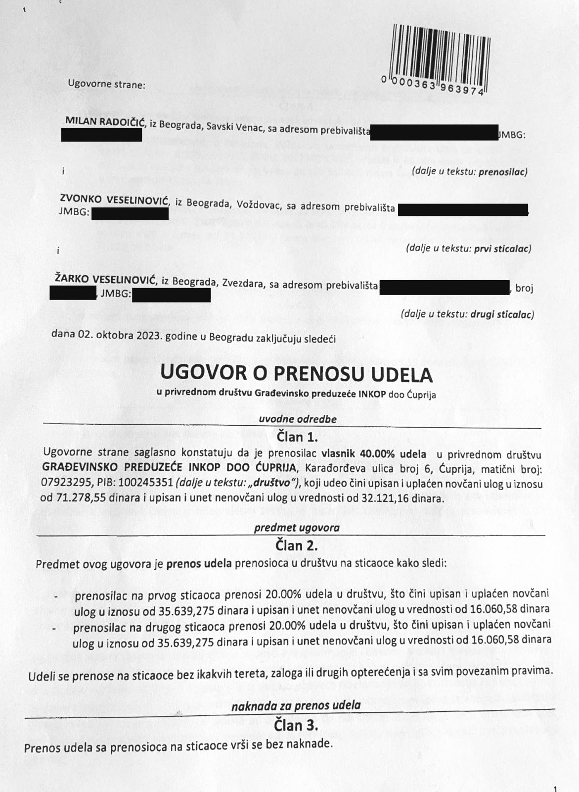 Danas imao uvid u ugovor o prenosu vlasništva u Inkopu između Milana Radoičića i braće Veselinović (FOTO) 2
