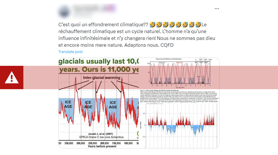 Screenshot of a tweet, in French, wrongly arguing that climate change is a "natural cycle" over which humans have little influence