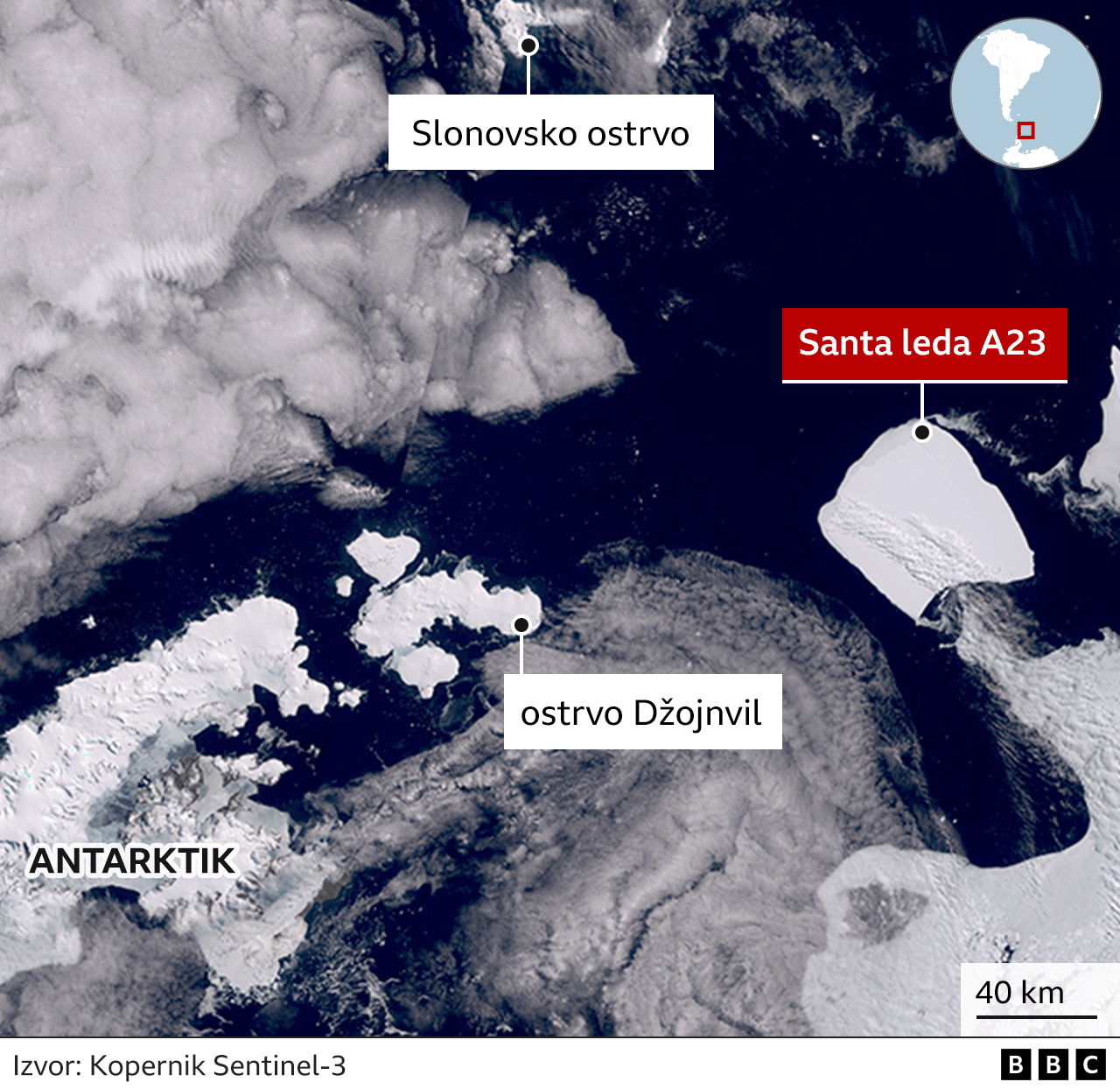 Klimatske promene: Posle više od 30 godina mirovanja, najveća ledena santa na Zemlji se pokrenula 1 Mapa ledene sante A23