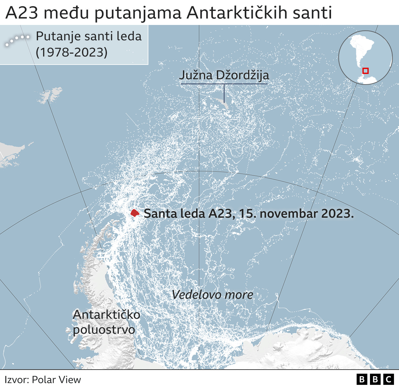 Klimatske promene: Posle više od 30 godina mirovanja, najveća ledena santa na Zemlji se pokrenula 5 Gde se trenutno nalazi santa leda A23a