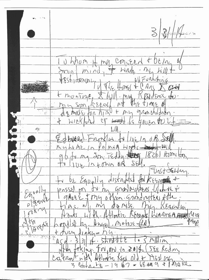 Kopija prve strane dokumenta za 2014. godine za koji je presuđeno da je testament Arete Frenklin