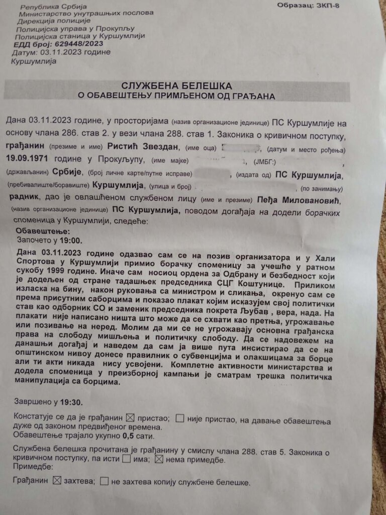"Kosmet je Srbija, Vučić je izdajnik": Kako je Zvezdan Ristić nakon što mu je ministar Selaković uručio odlikovanje priveden u kuršumlijsku policiju 2