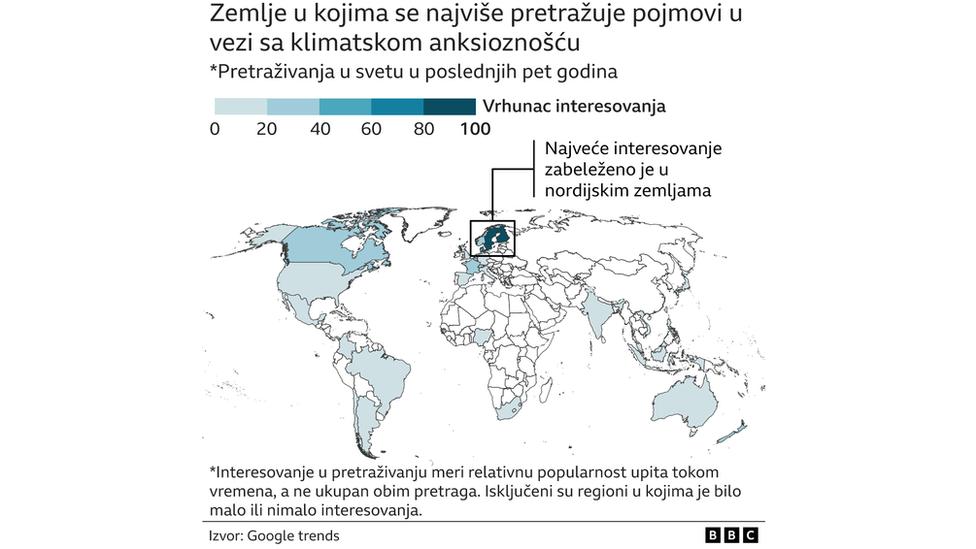 Klimatske promene: Sve više ljudi pretražuje pojam ‘klimatska anksioznost’ 4 Mapa koja pokazuje pretrage pojma klimatska anksioznost po zemljama