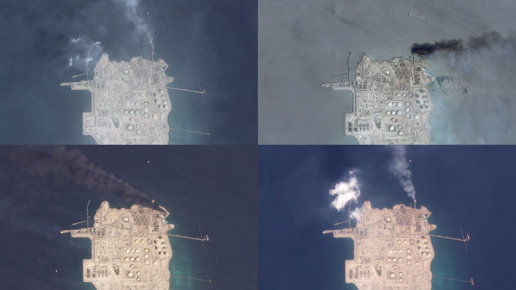 Zaštita životne sredine: BBC istraživanje pokazuje da otrovni gas ugrožava milione na Bliskom istoku 2 Four satellite images arranged in quadrant showing flaring at an offshore oil field